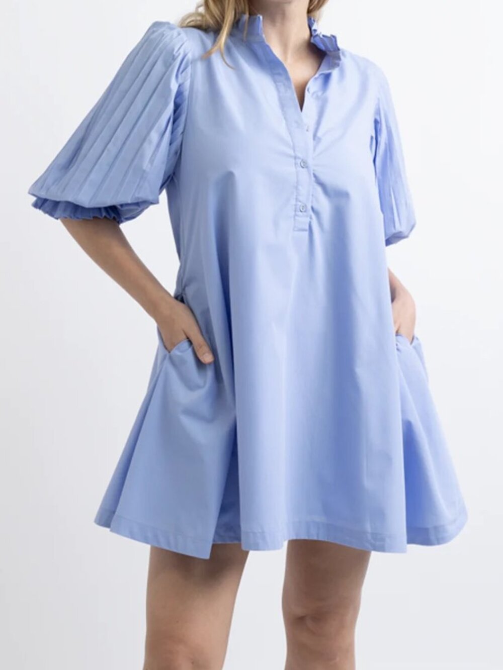 Sovere Focus Pleat Blue Poplin Mini Dress XS